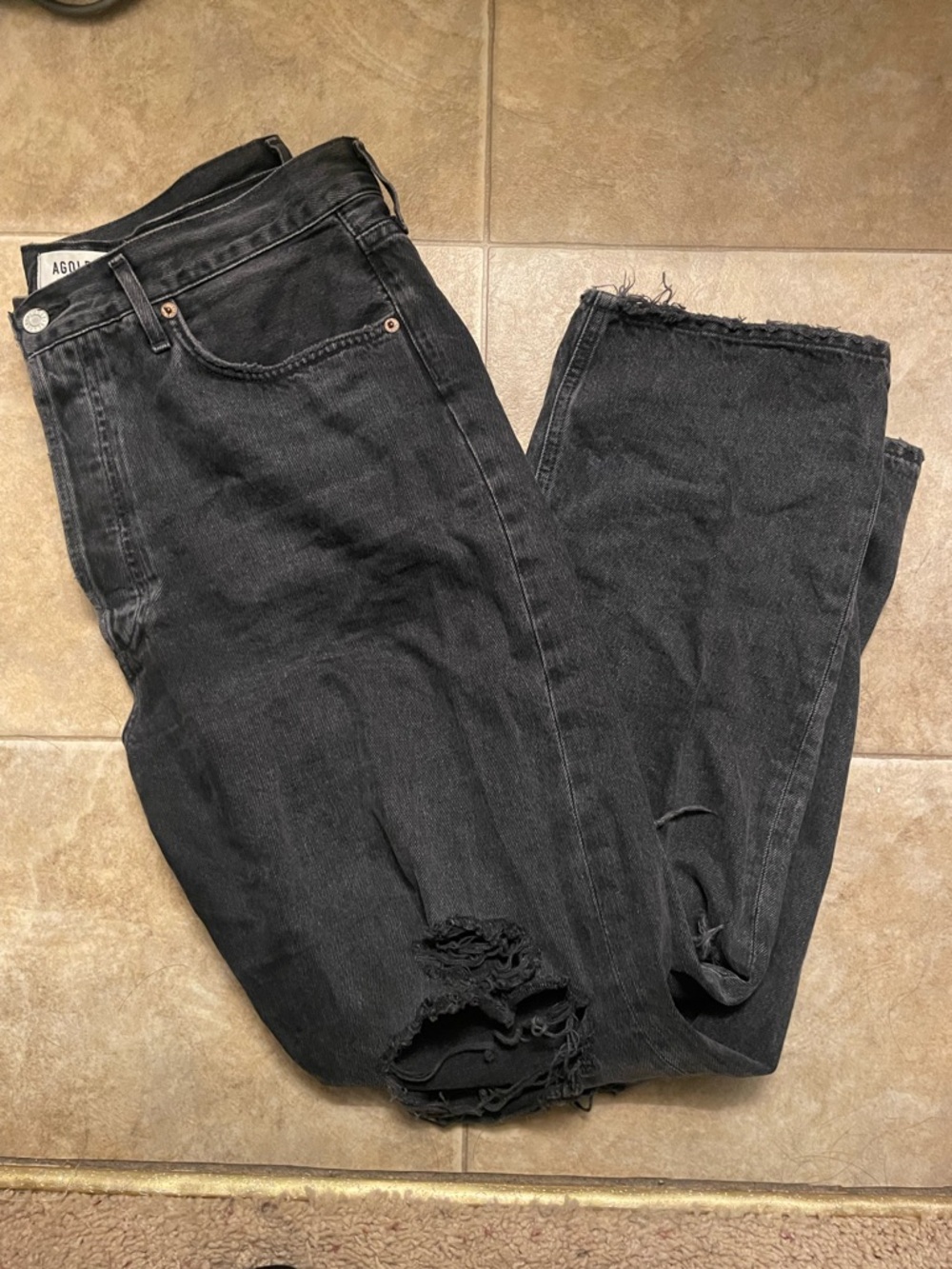 Agolde Black Straight-Leg High-Rise Jeans with Distressed Hem